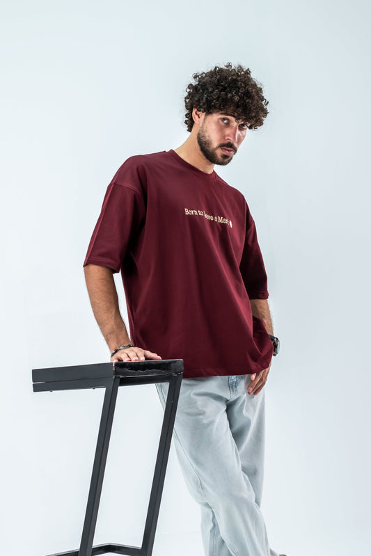 Oversized T-Shirt – “Born to leave a mark” Embroidered Design (Burgundy)