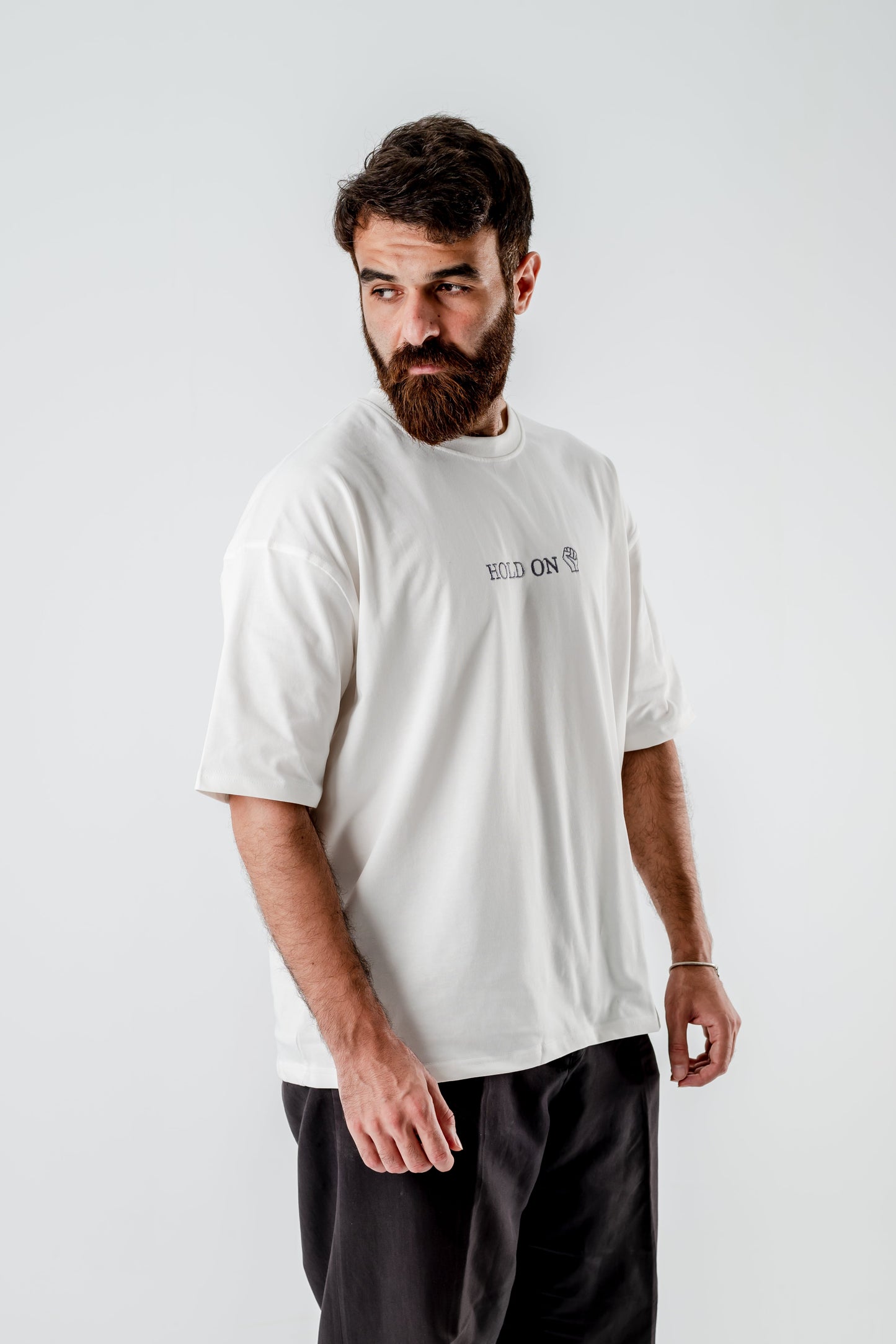 Oversized T-Shirt – “HOLD ON” Embroidered Design (White)