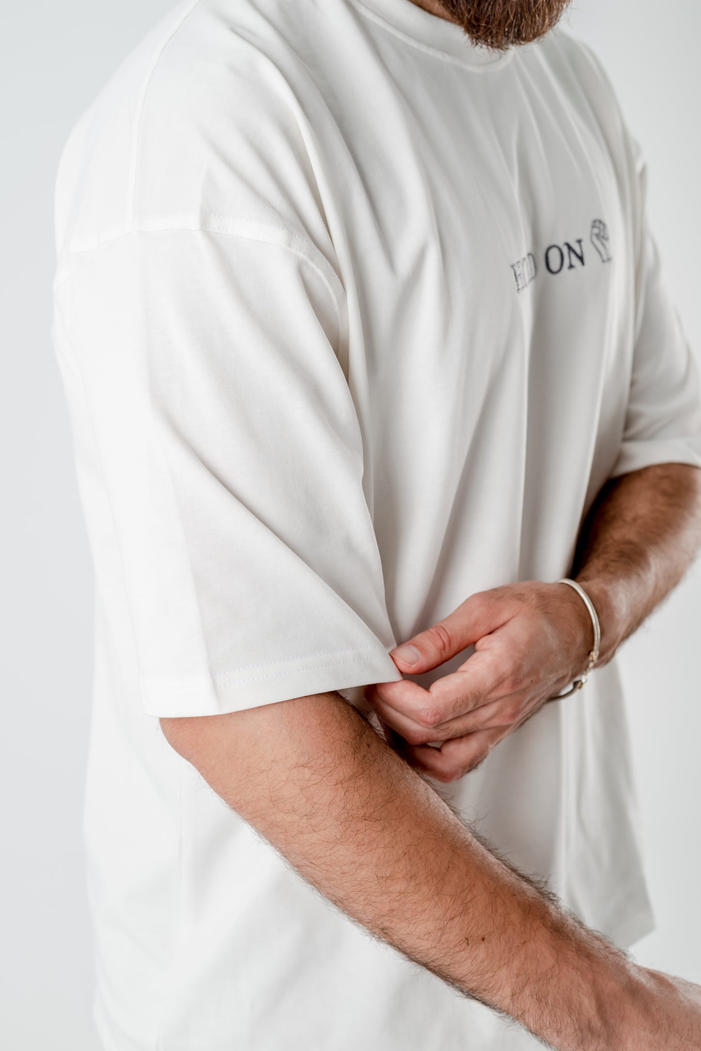 Oversized T-Shirt – “HOLD ON” Embroidered Design (White)