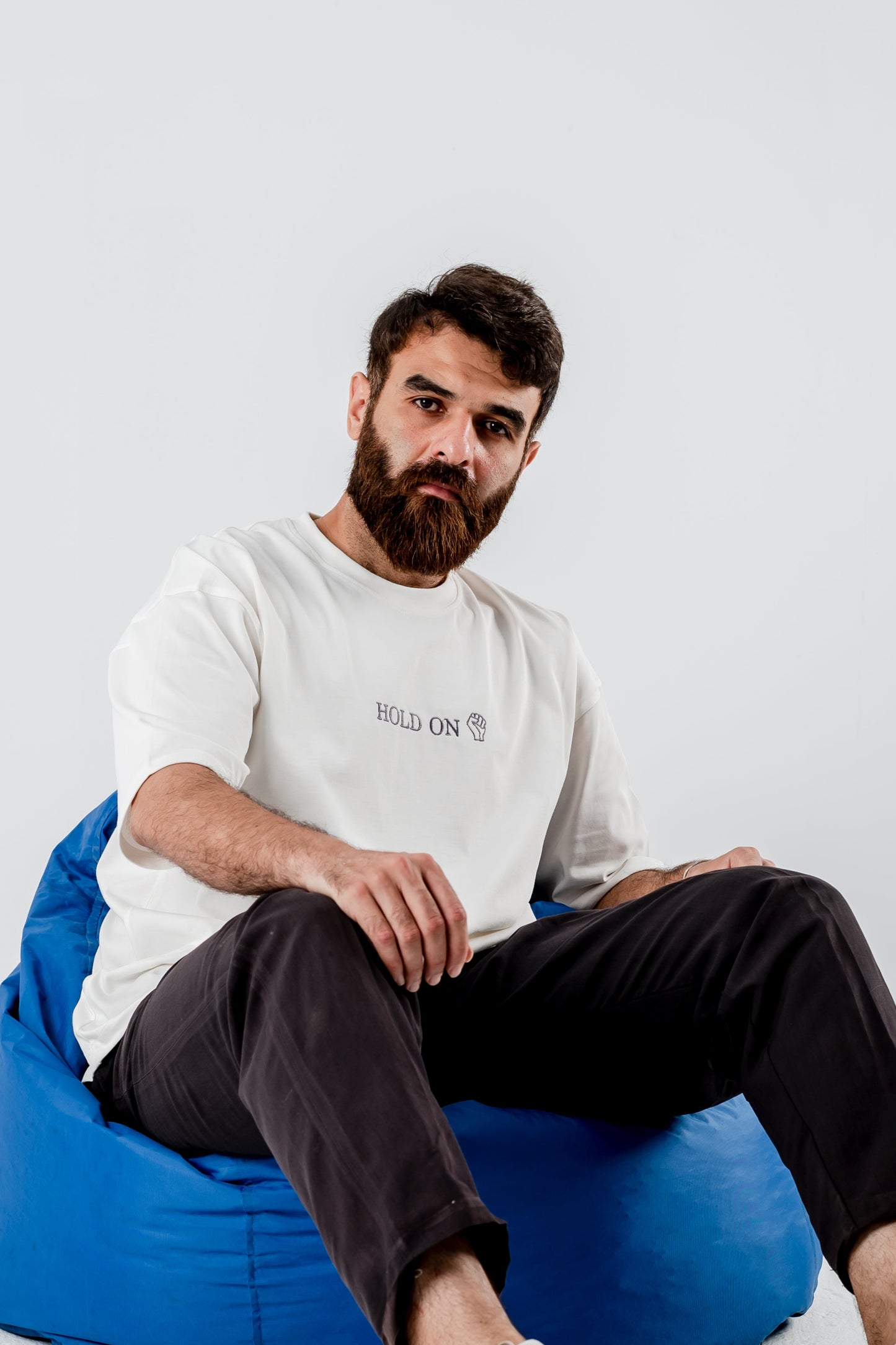 Oversized T-Shirt – “HOLD ON” Embroidered Design (White)