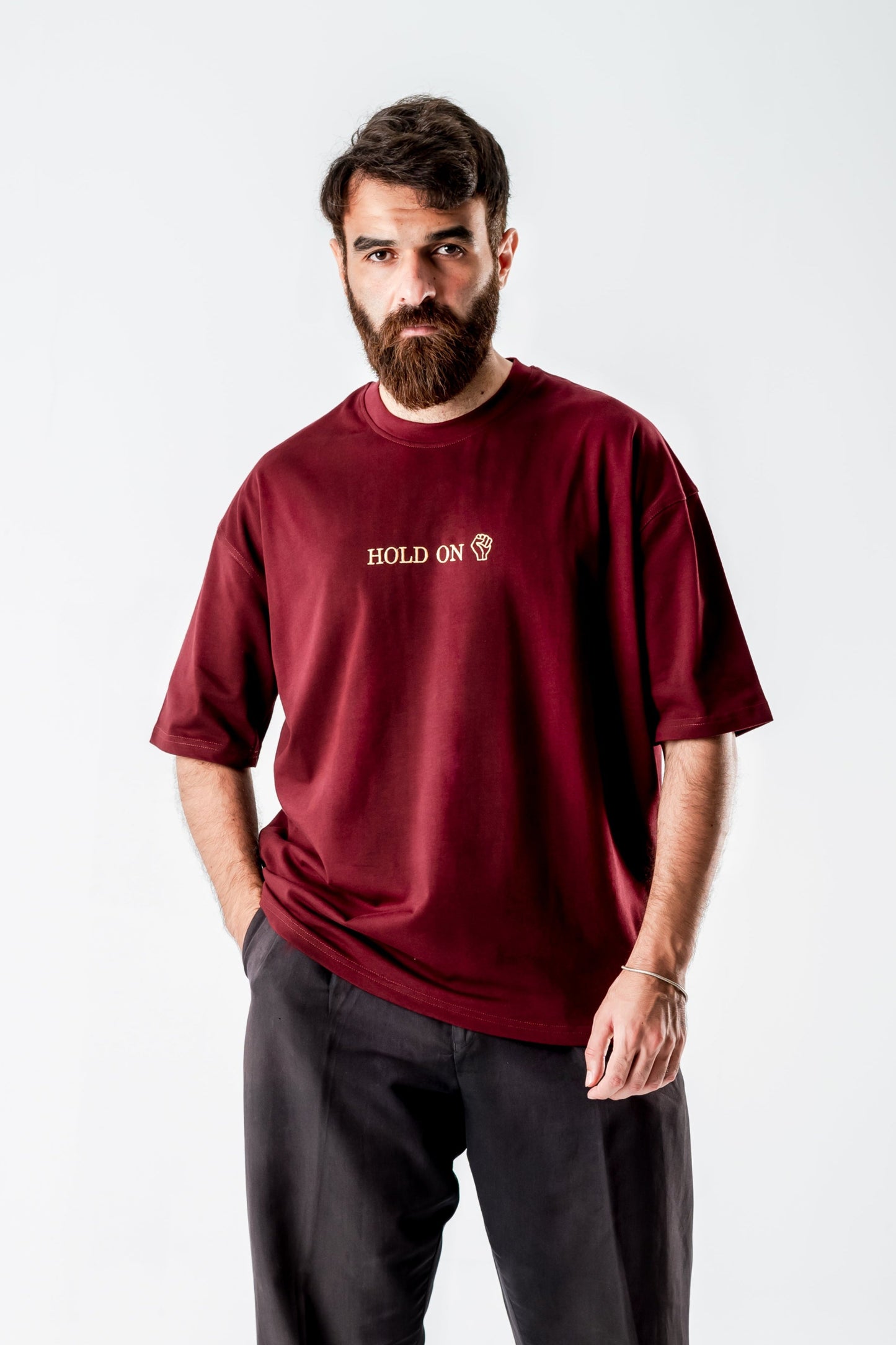 Oversized T-Shirt – “HOLD ON” Embroidered Design (Burgundy)