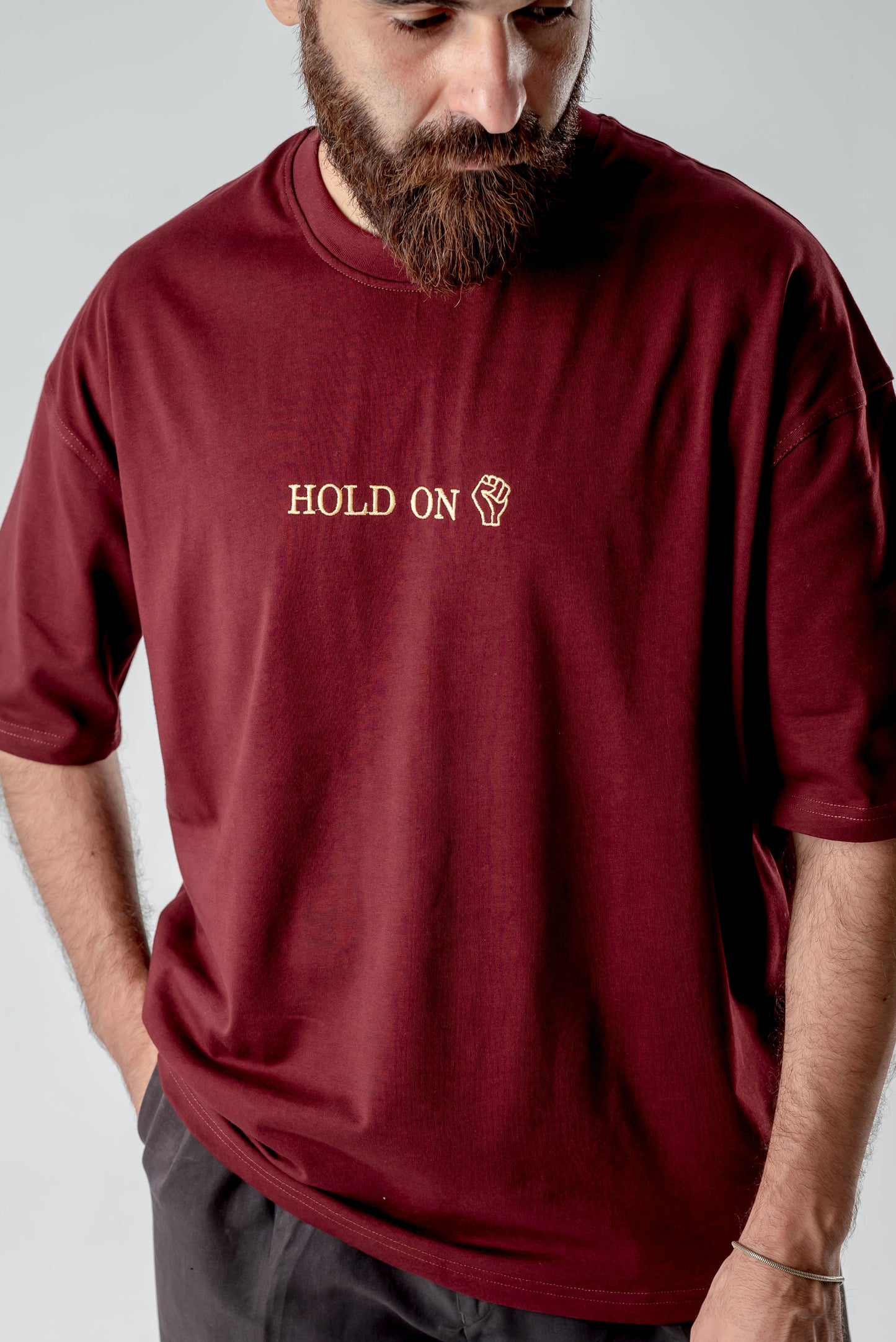 Oversized T-Shirt – “HOLD ON” Embroidered Design (Burgundy)