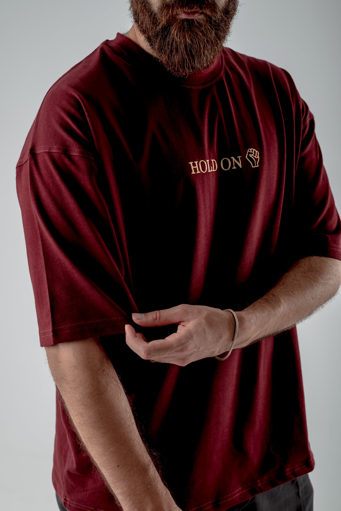 Oversized T-Shirt – “HOLD ON” Embroidered Design (Burgundy)