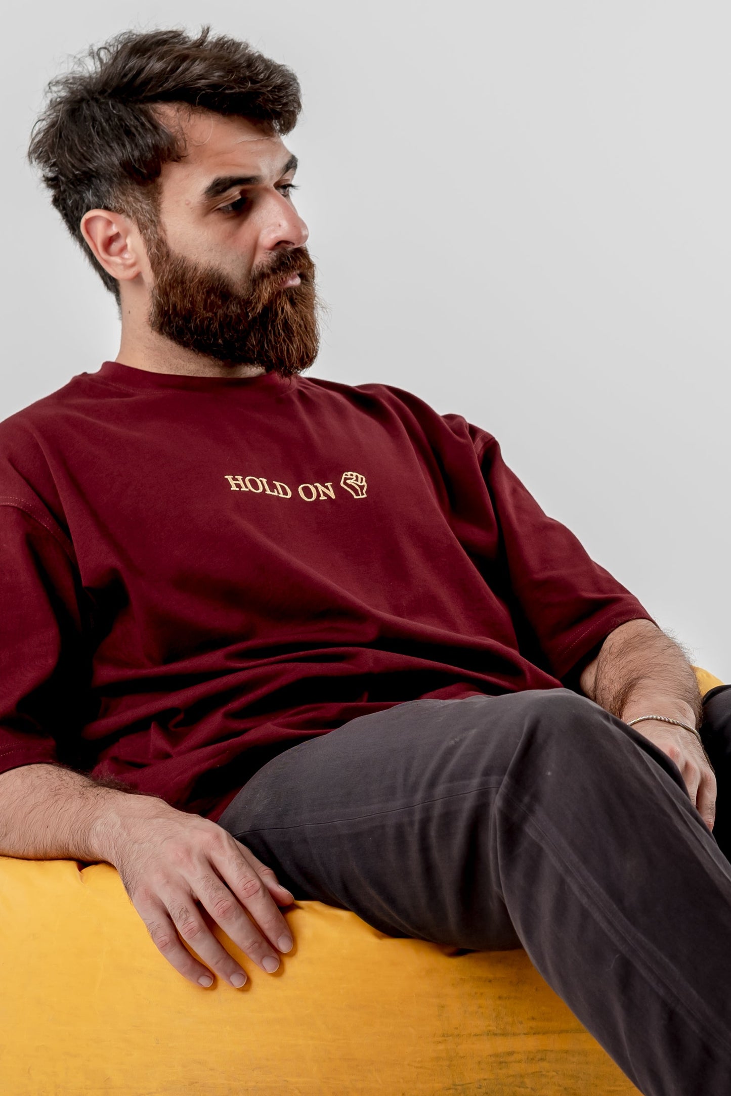 Oversized T-Shirt – “HOLD ON” Embroidered Design (Burgundy)
