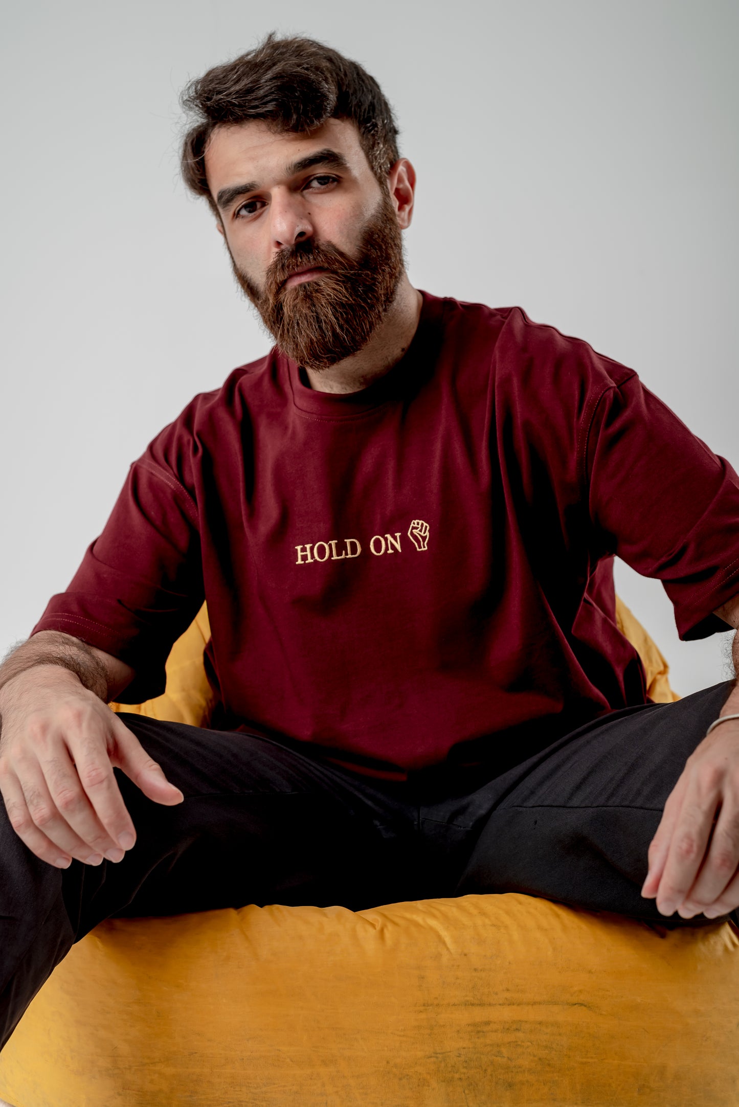 Oversized T-Shirt – “HOLD ON” Embroidered Design (Burgundy)