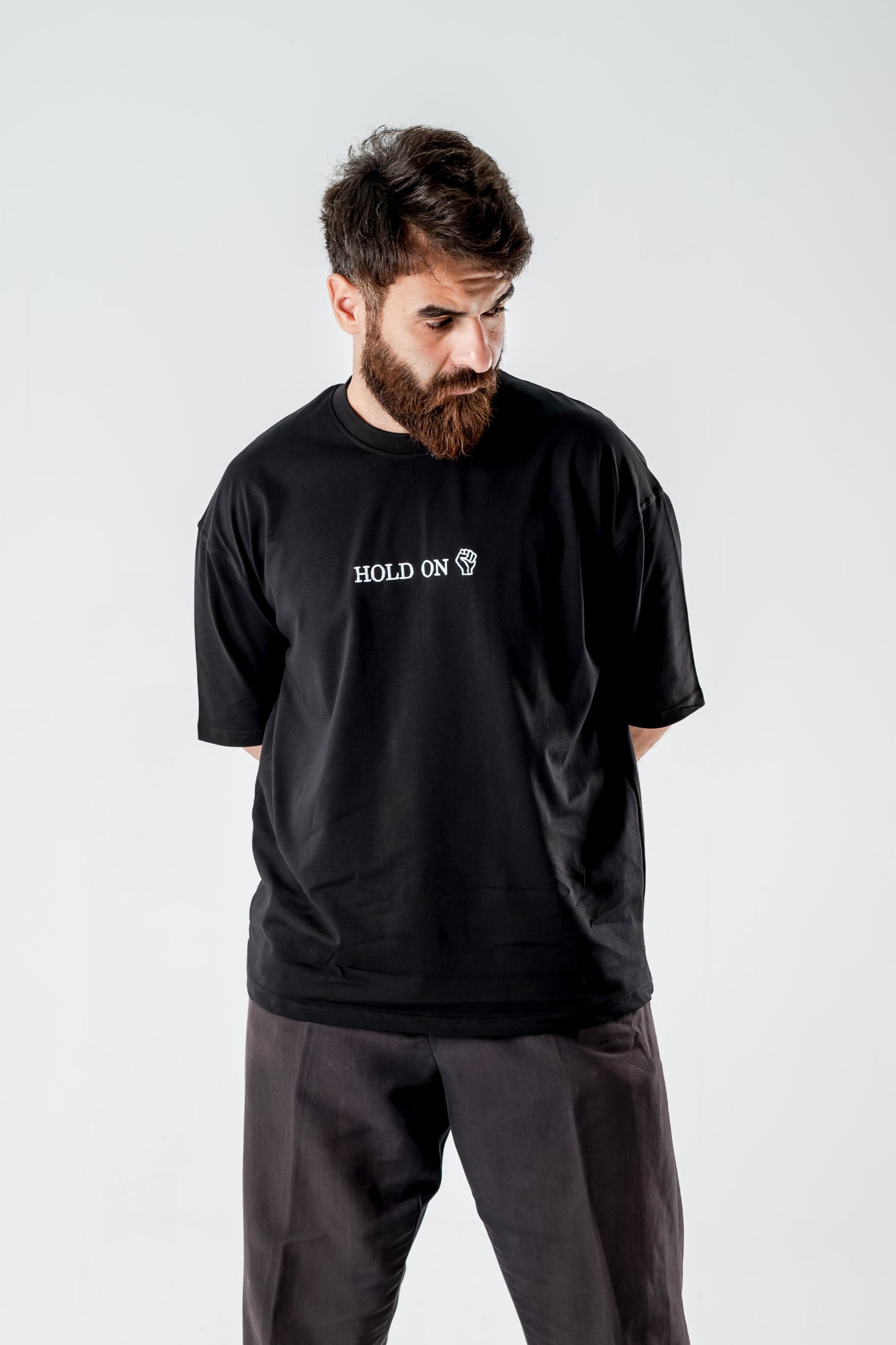 Oversized T-Shirt – “HOLD ON” Embroidered Design (Black)