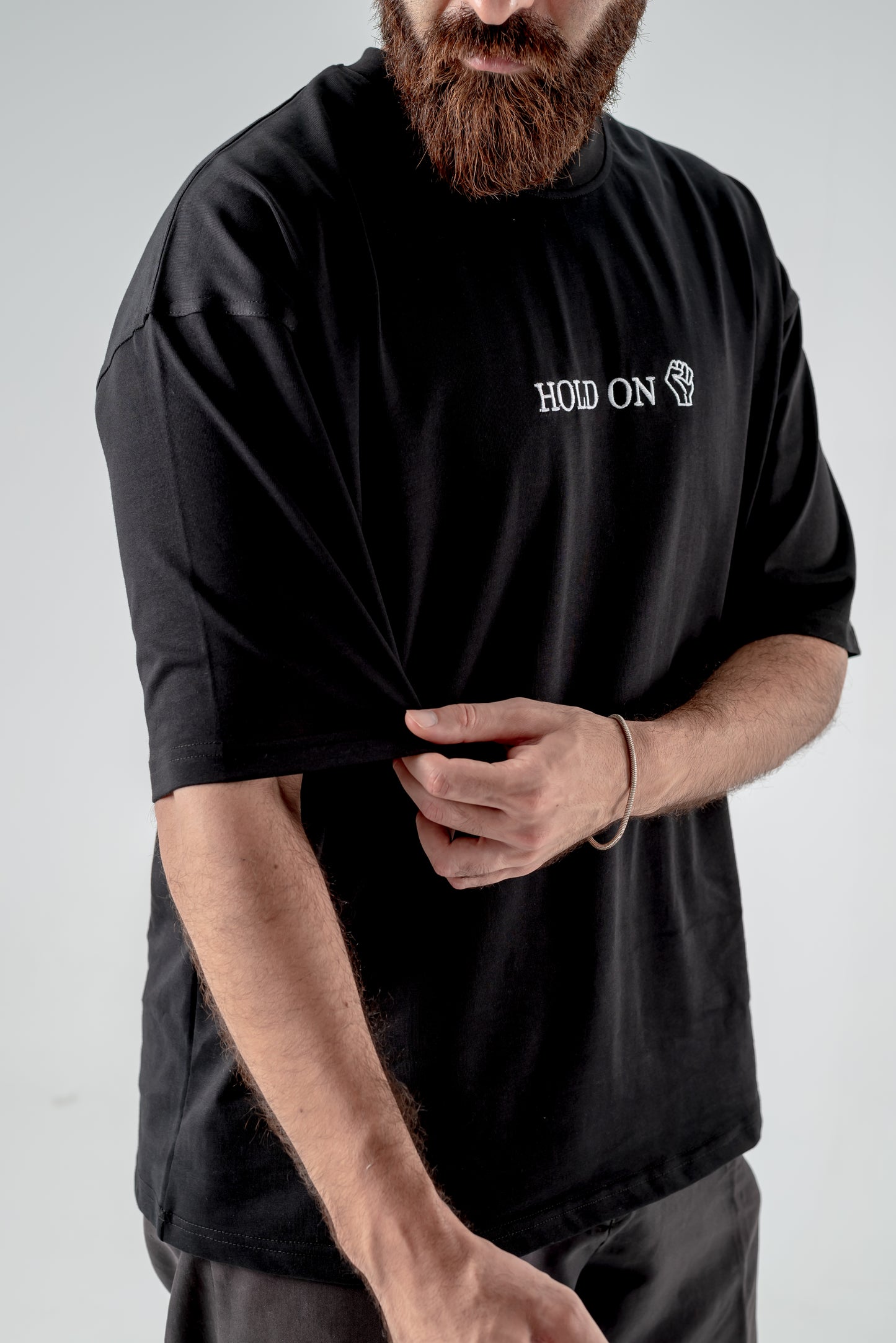 Oversized T-Shirt – “HOLD ON” Embroidered Design (Black)