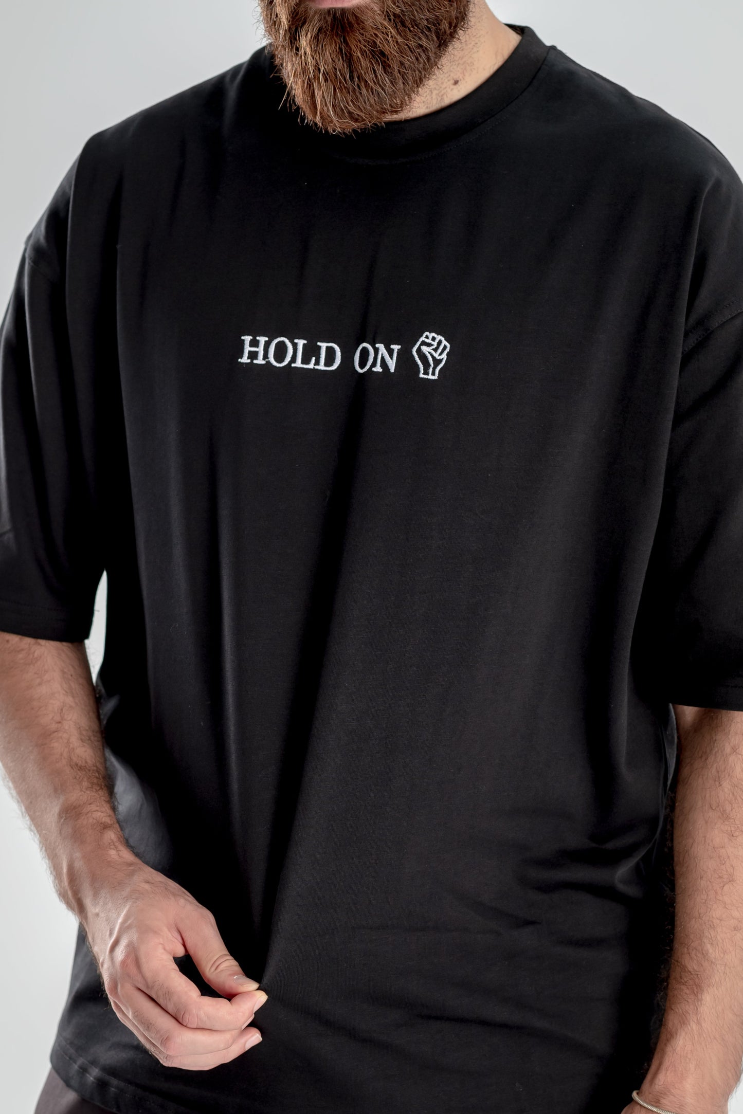 Oversized T-Shirt – “HOLD ON” Embroidered Design (Black)