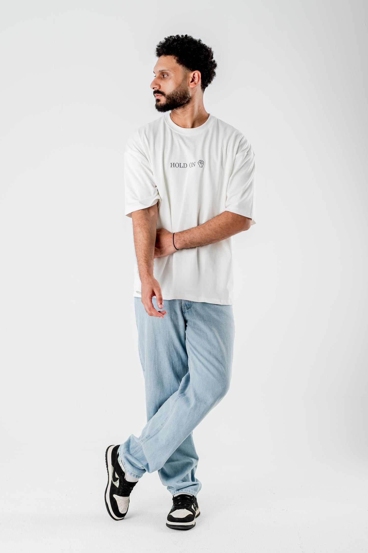 Oversized T-Shirt – “HOLD ON” Embroidered Design (White)