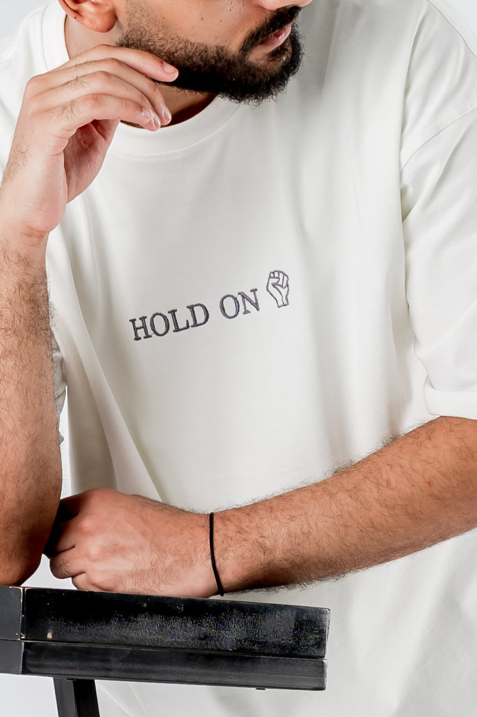 Oversized T-Shirt – “HOLD ON” Embroidered Design (White)