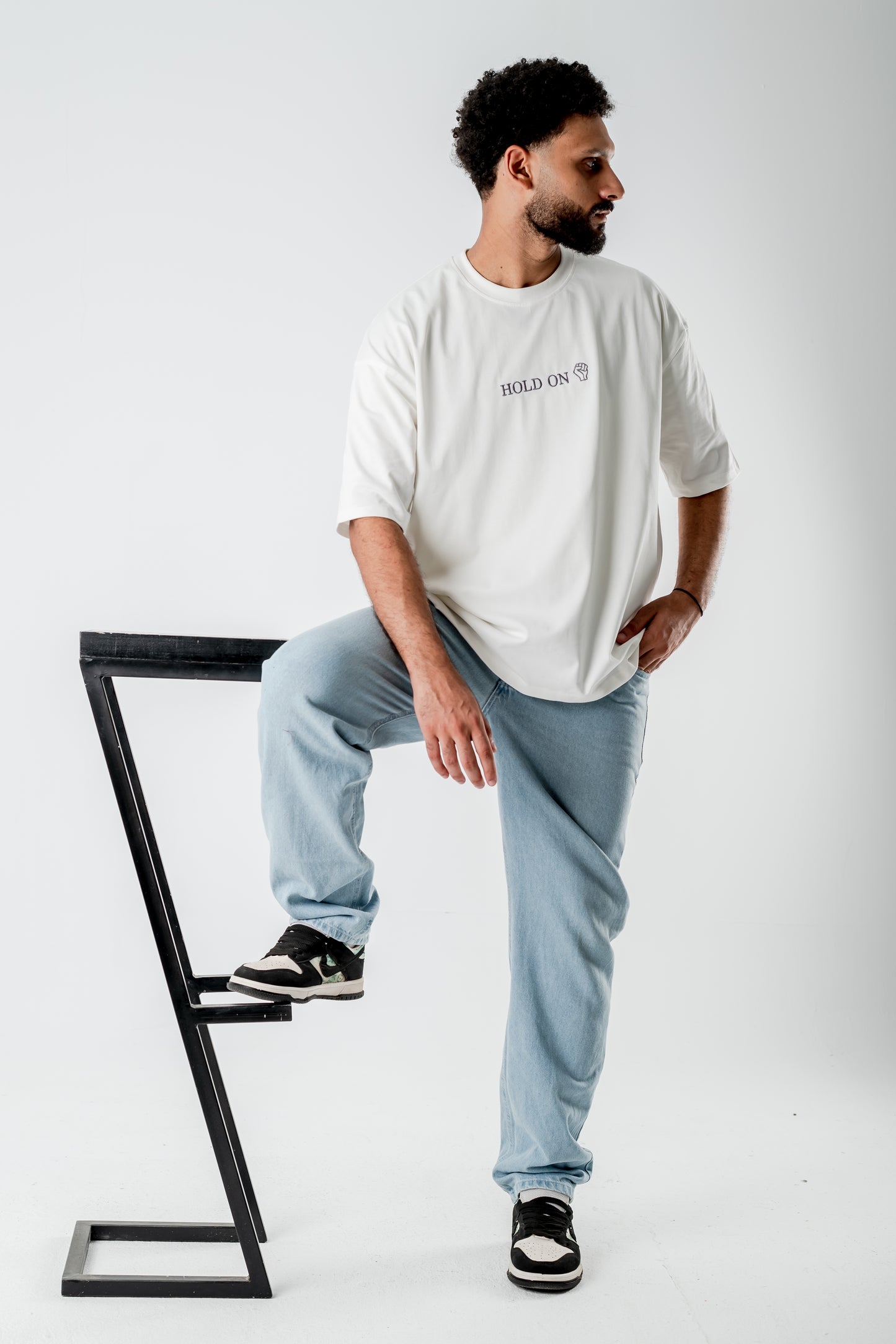 Oversized T-Shirt – “HOLD ON” Embroidered Design (White)