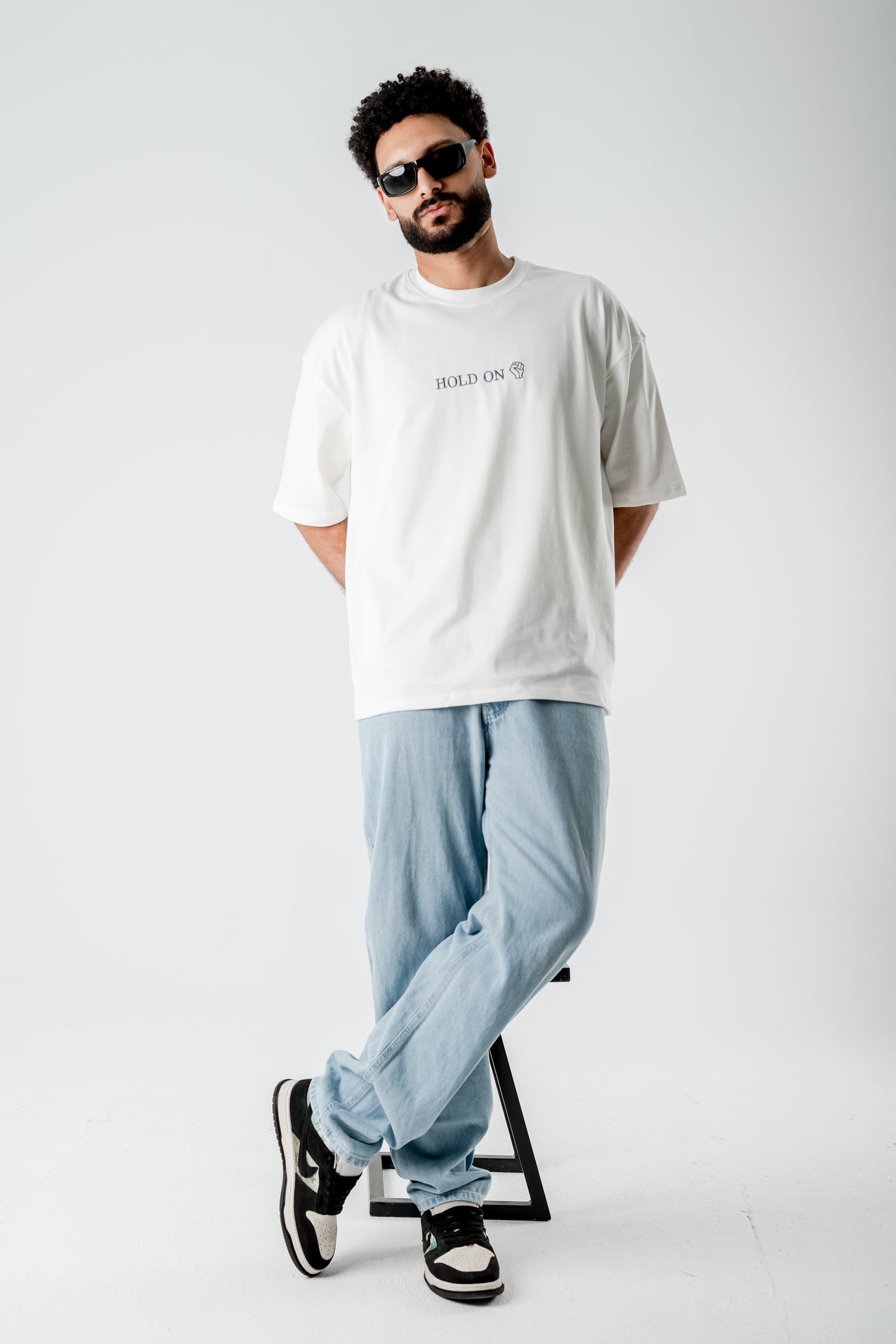 Oversized T-Shirt – “HOLD ON” Embroidered Design (White)