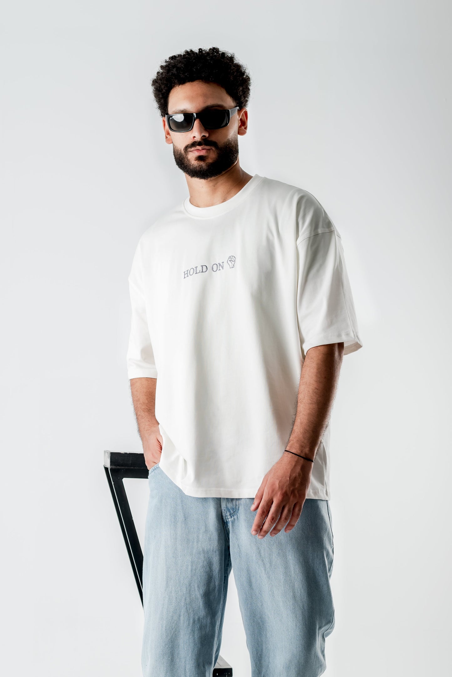 Oversized T-Shirt – “HOLD ON” Embroidered Design (White)