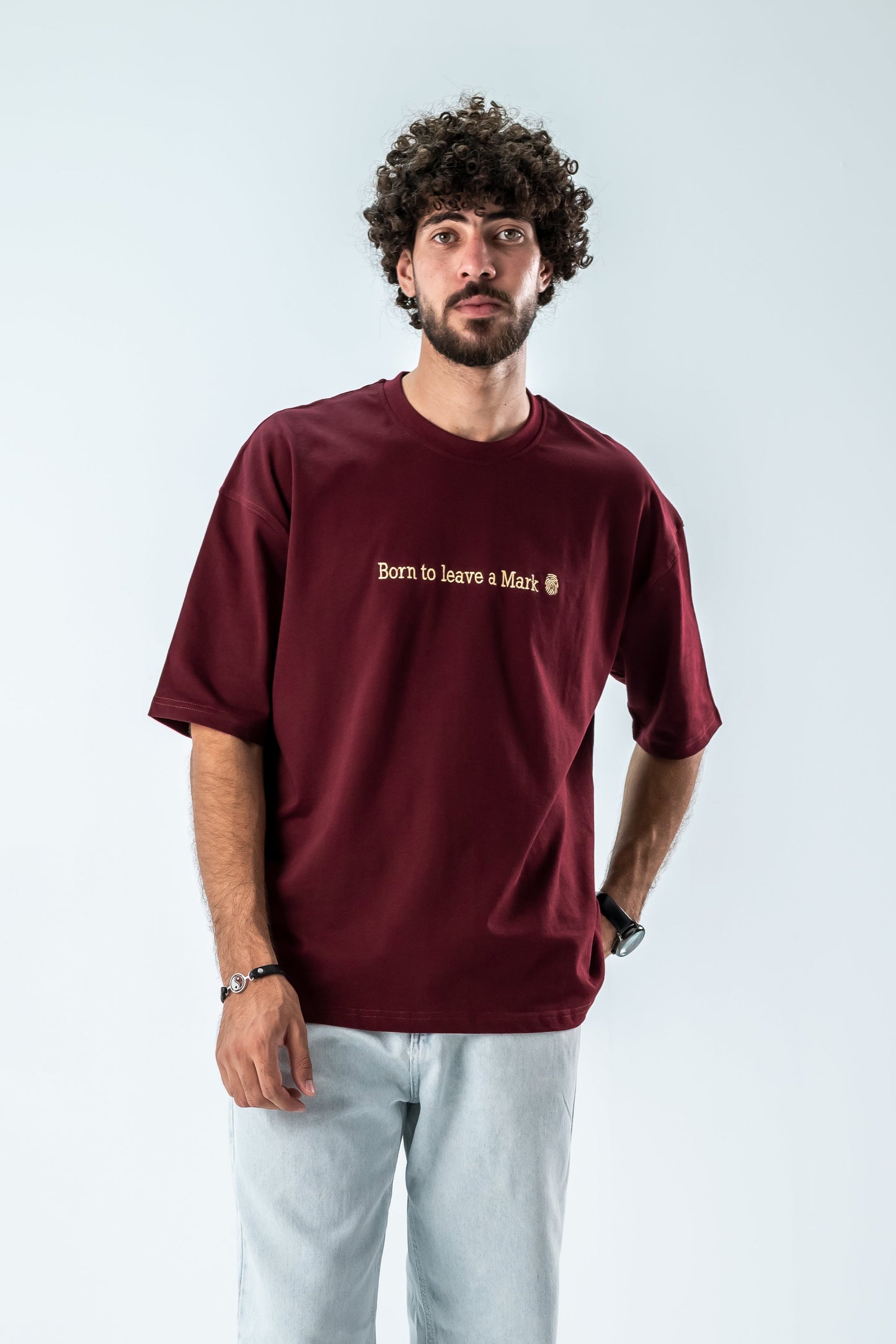 Oversized T-Shirt – “Born to leave a mark” Embroidered Design (Burgundy)