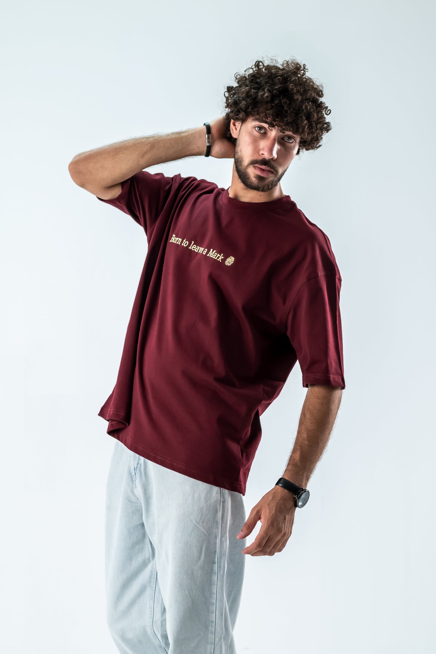 Oversized T-Shirt – “Born to leave a mark” Embroidered Design (Burgundy)
