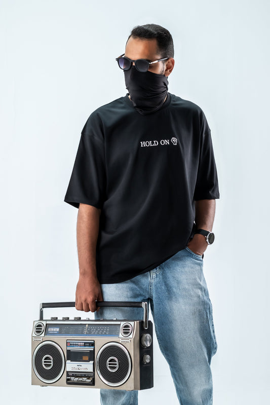 Oversized T-Shirt – “HOLD ON” Embroidered Design (Black)